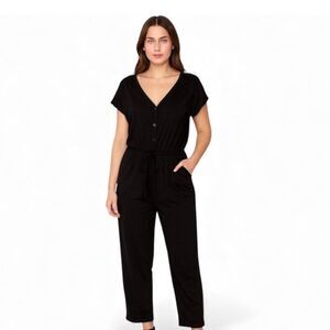Norma Kamali Cotton Short Sleeve Black Drawstring Jumpsuit w/ Pockets Medium
